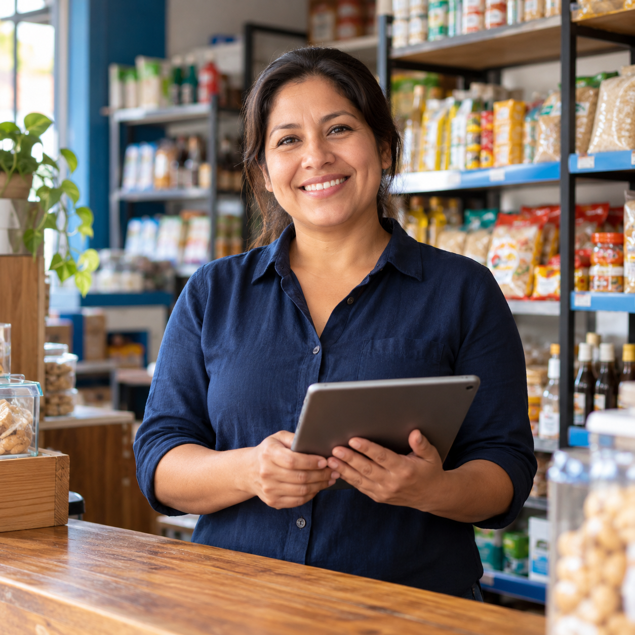Imagen ilustrativa de una emprendedora comerciante con una tablet detrás del mostrador de su tienda